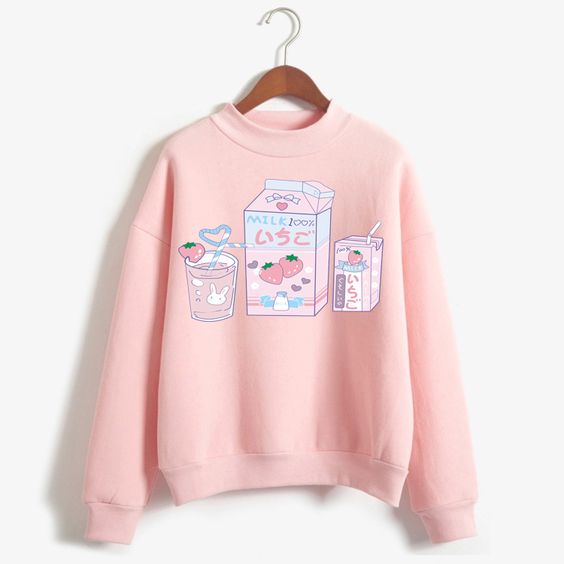 Cute Milk Print Pink Sweatshirt VL5D